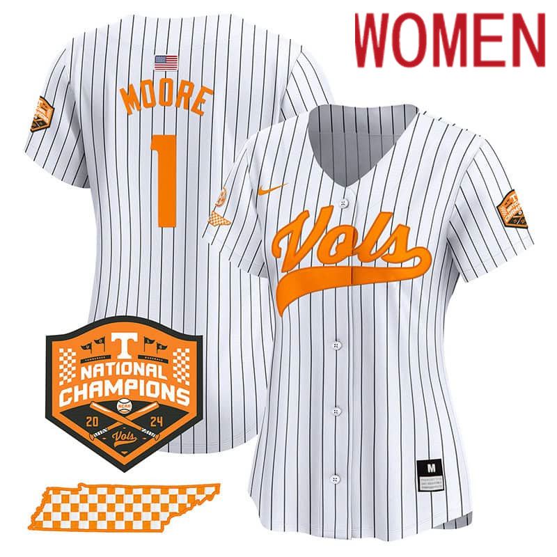 Women Tennessee Volunteers #1 Moore White Stripe 2024 Nike Champions Vapor Premier Limited NCAA Jersey